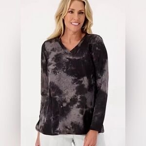 LOGO‎ Lounge Lori Goldstein Brushed Tie-Dye V-Neck Long Sleeve Top Black Size M